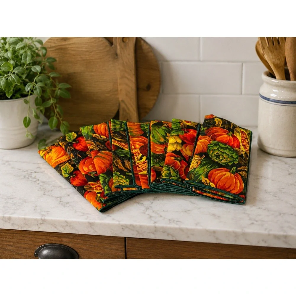 Handmade Fall Harvest Cloth Napkins Pumpkins Set of 8 Autumn Thanksgiving Vtg